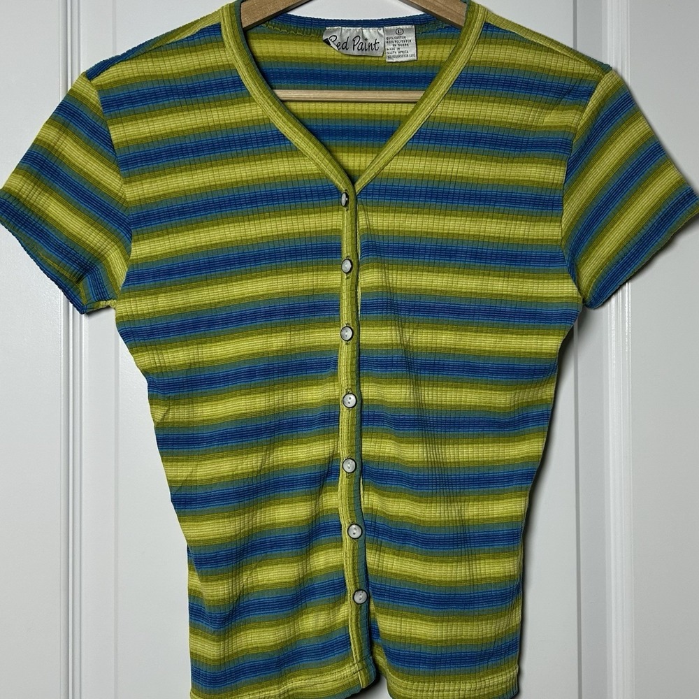Red Paint Vintage Y2K Green Blue Stripe‎ Ribbed Button Front Short Sleeve Top